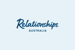 Logo of "Relationships Australia" with blue script text on a light blue background.