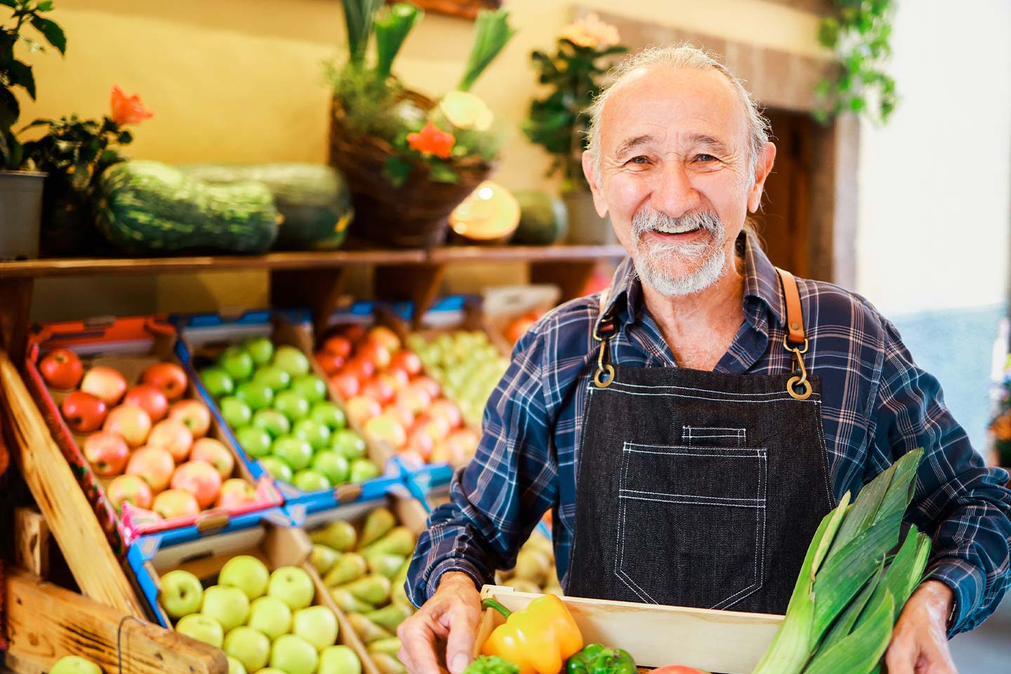 Photo of senior man working in a greengrocery