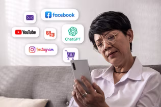 Im age of an older Asian woman on a smartphone with the following icons in the background: email, Facebook, YouTube, Instagram, Chat GST and a shopping cart