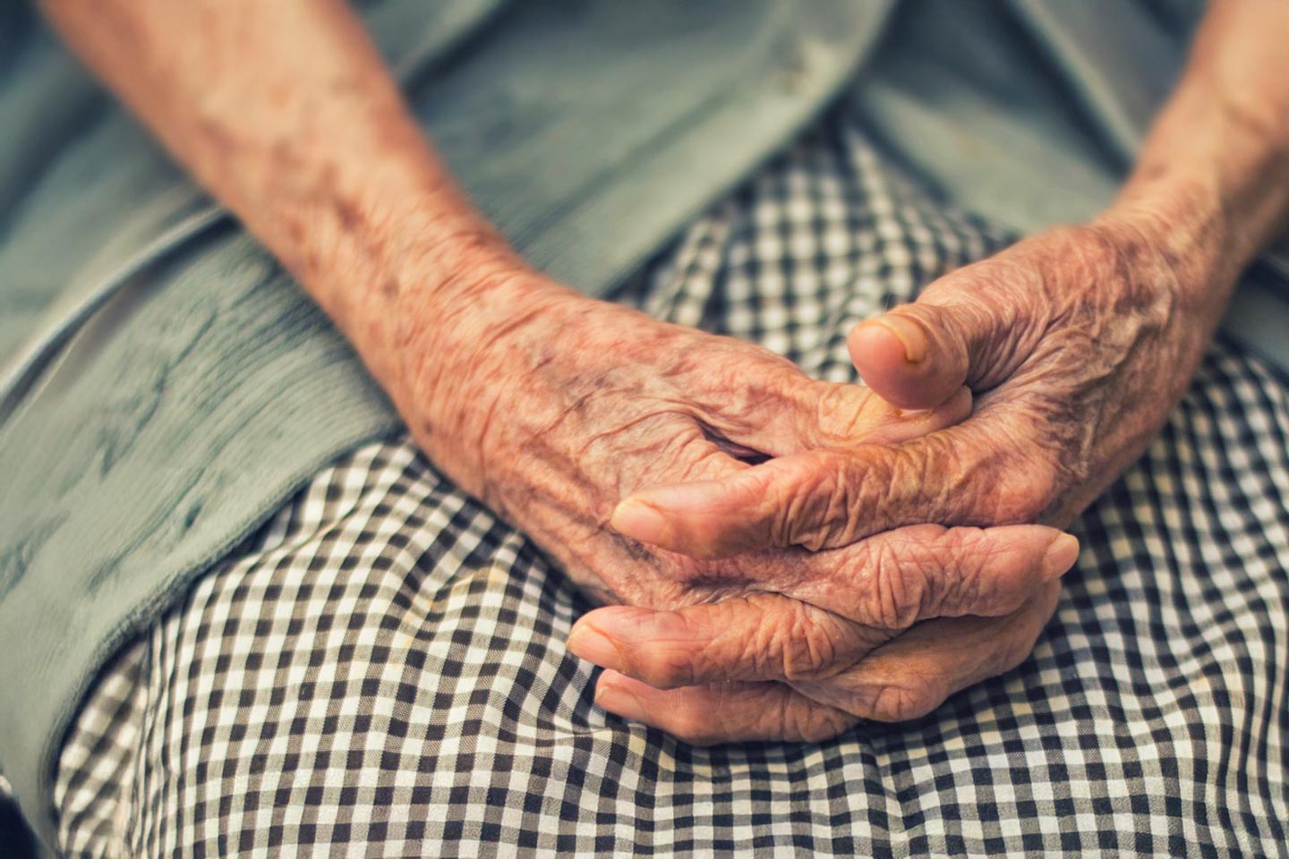 Photo of old and hardworking hands clasped on a green gingham skirt