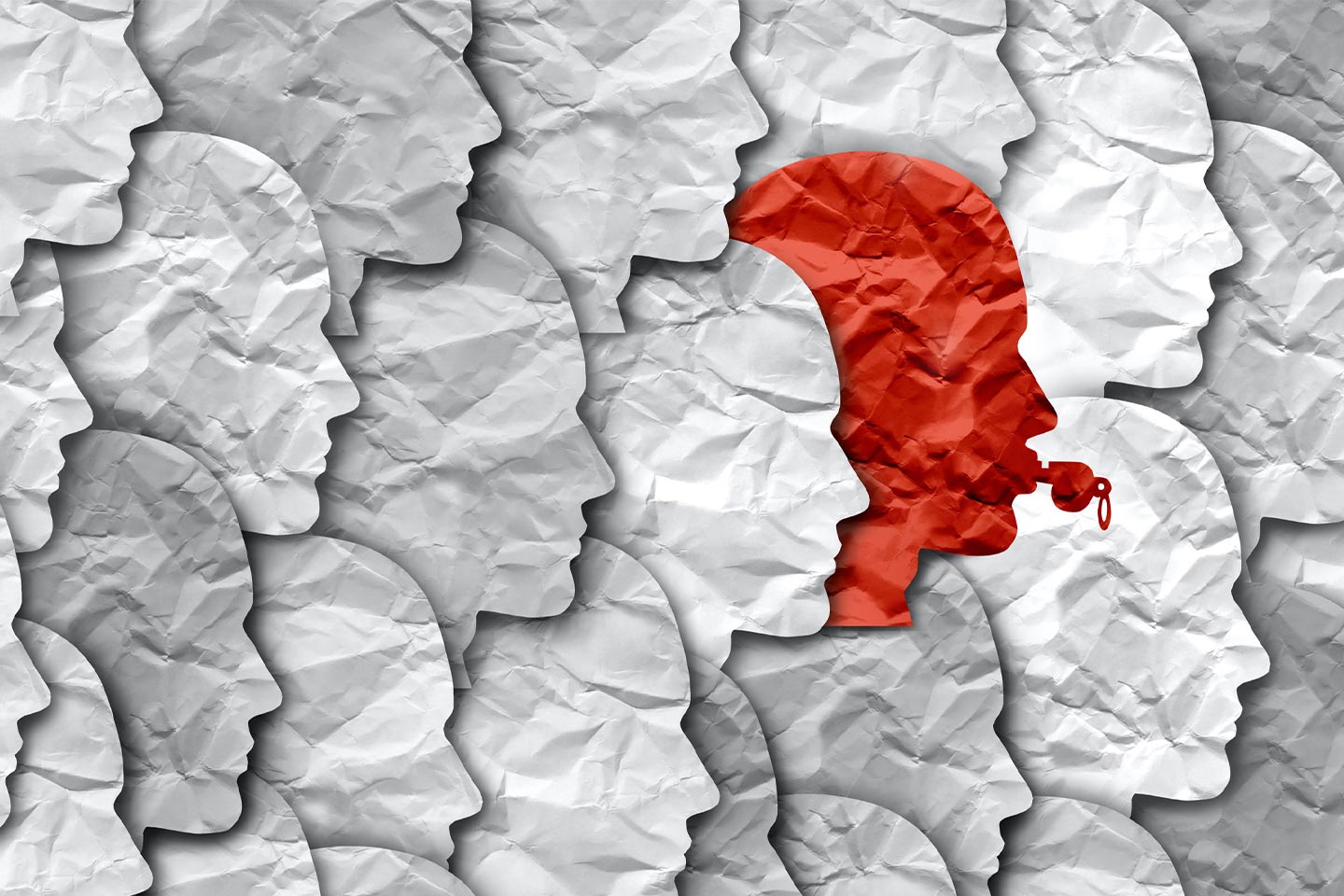 Graphic of red whistleblower in a group of grey non-whistle blowers