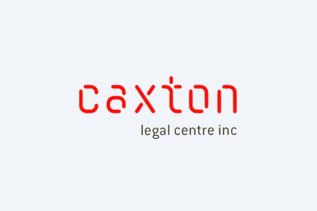 Logo of Caxton Legal Centre Inc. with "caxton" in red stylized font and "legal centre inc" in gray beneath it on a light gray background.