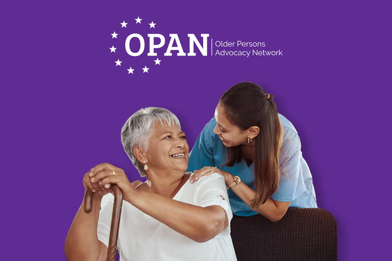 OPAN tile include an image of an older woman and a care worker