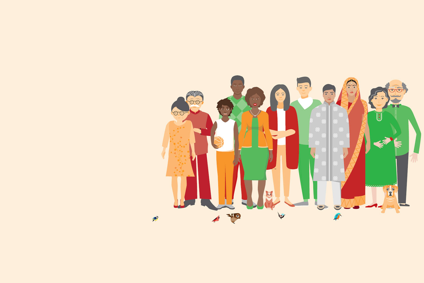 Illustration or a group of diverse people wearing traditional and conventional clothes