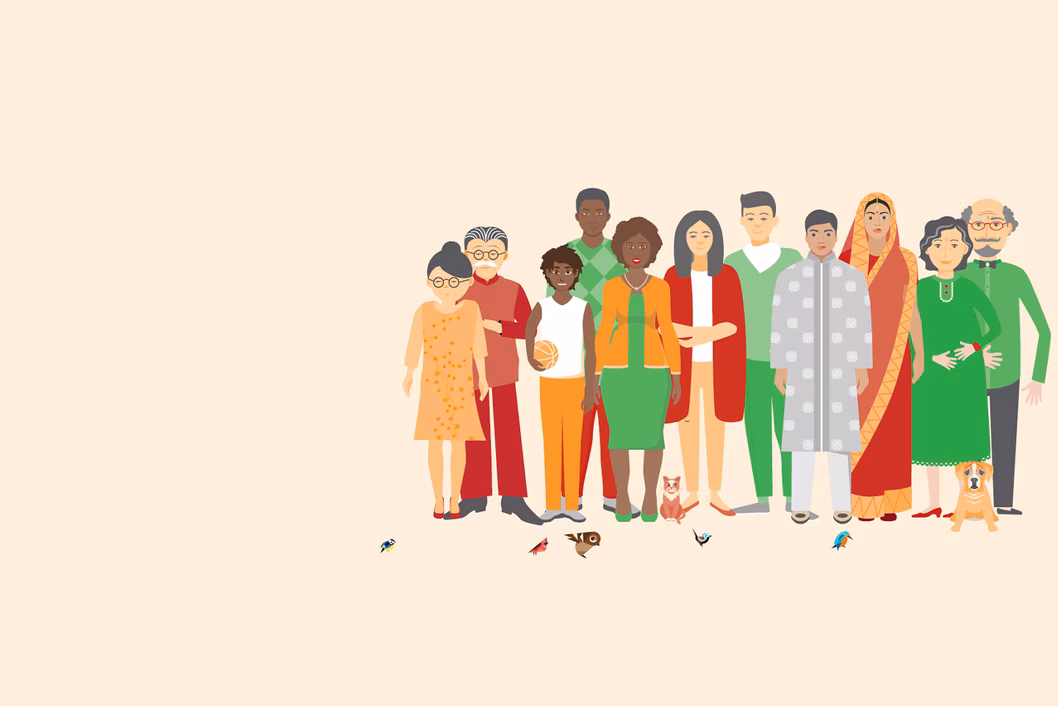 Illustration or a group of diverse people wearing traditional and conventional clothes