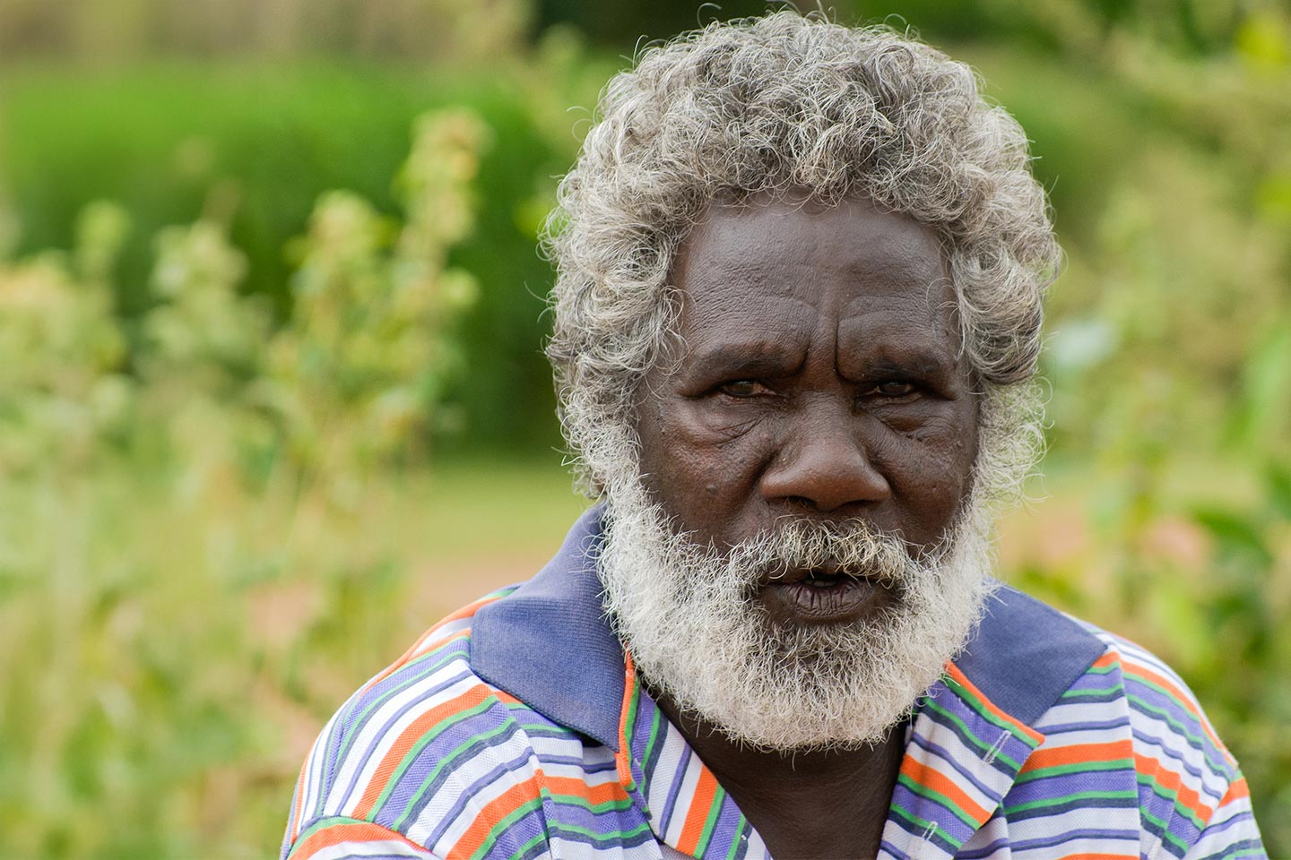 Photo of a man outdoors wearing a striped polo shirt