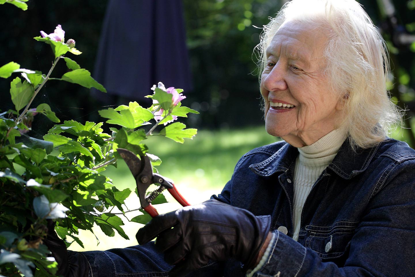 Photo of a woman happily pruning in her garden