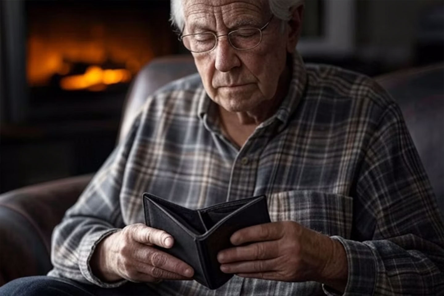 Photo of a man looking at his empty wallet