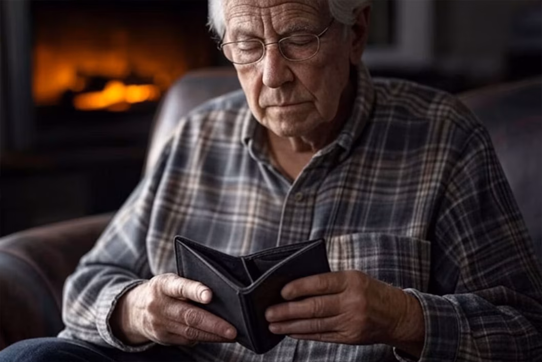 Photo of a man looking at his empty wallet