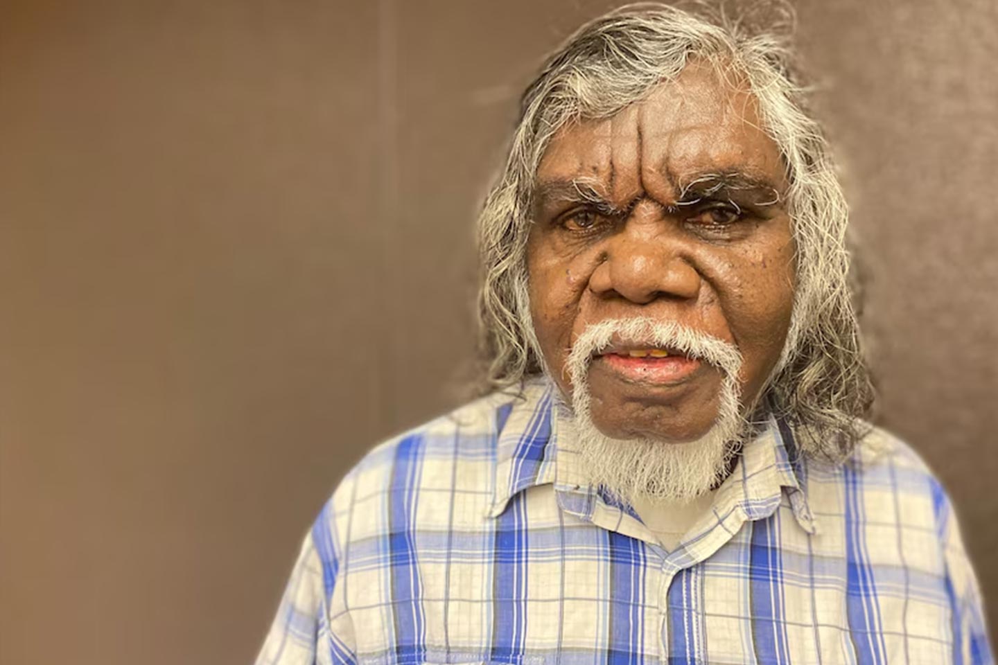 Photo of a man wearing a blue and white plaid shirt