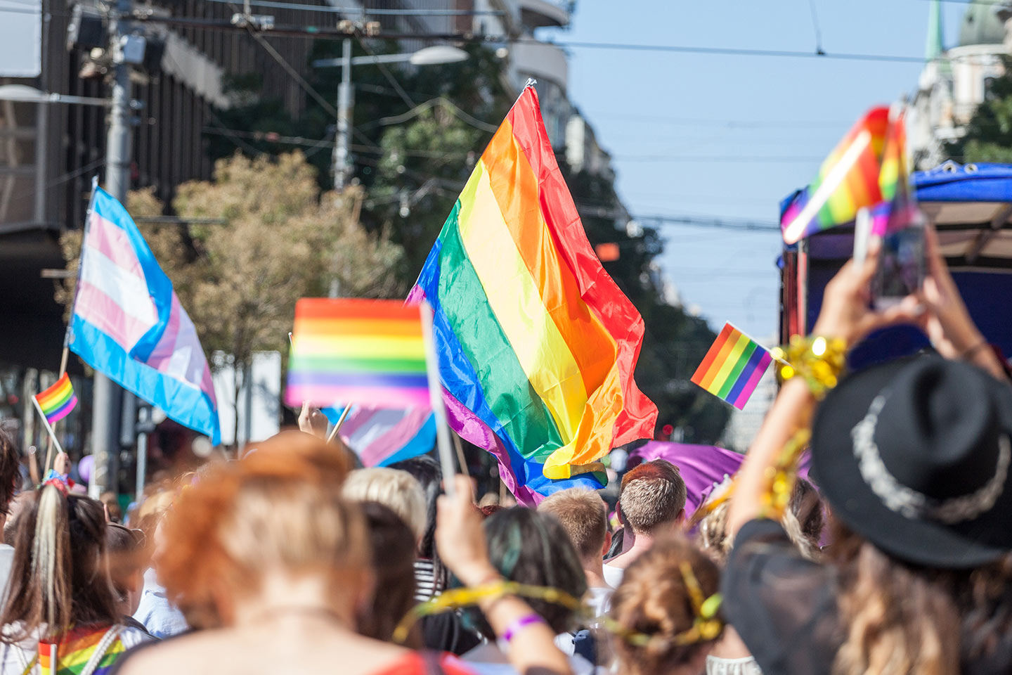 Photo of a Pride Parade with colourful flags raised