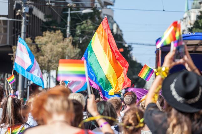 Photo of a Pride Parade with colourful flags raised