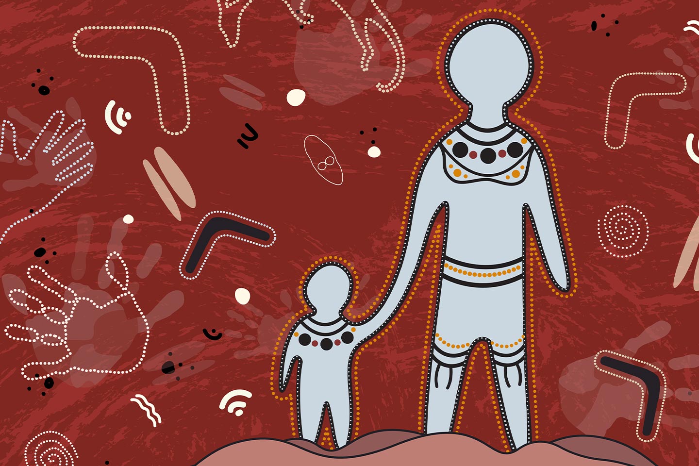 Aboriginal-style illustration of figures on a red background