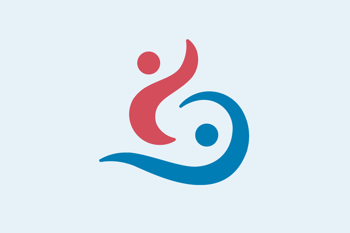 Abstract red and blue figures intertwine on a light blue background, resembling dynamic movement and balance.