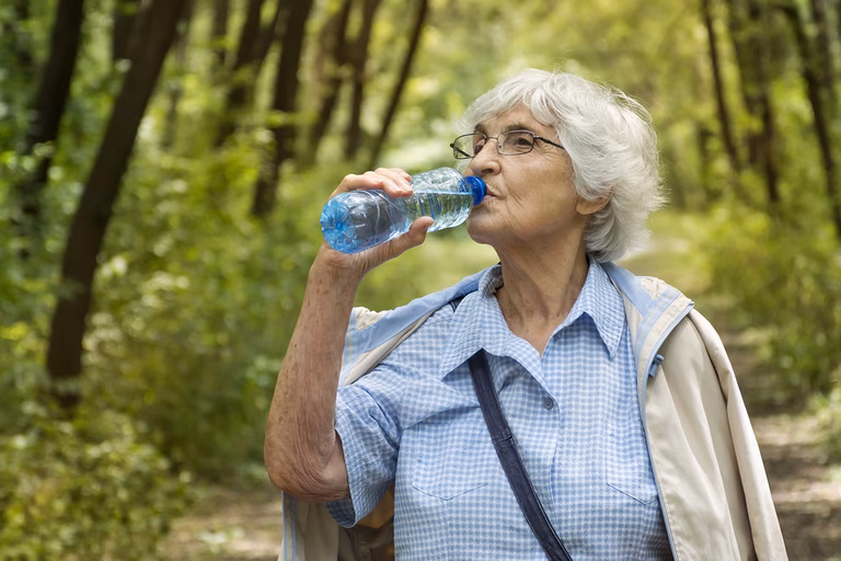 Bild einer älteren Frau, die bei einer Buschwanderung Wasser aus einer Flasche trinkt