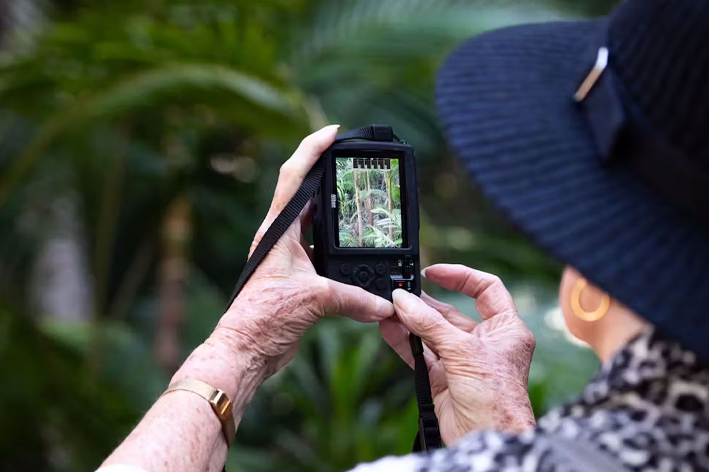 Photo of a lady in a blue hat taking a photo