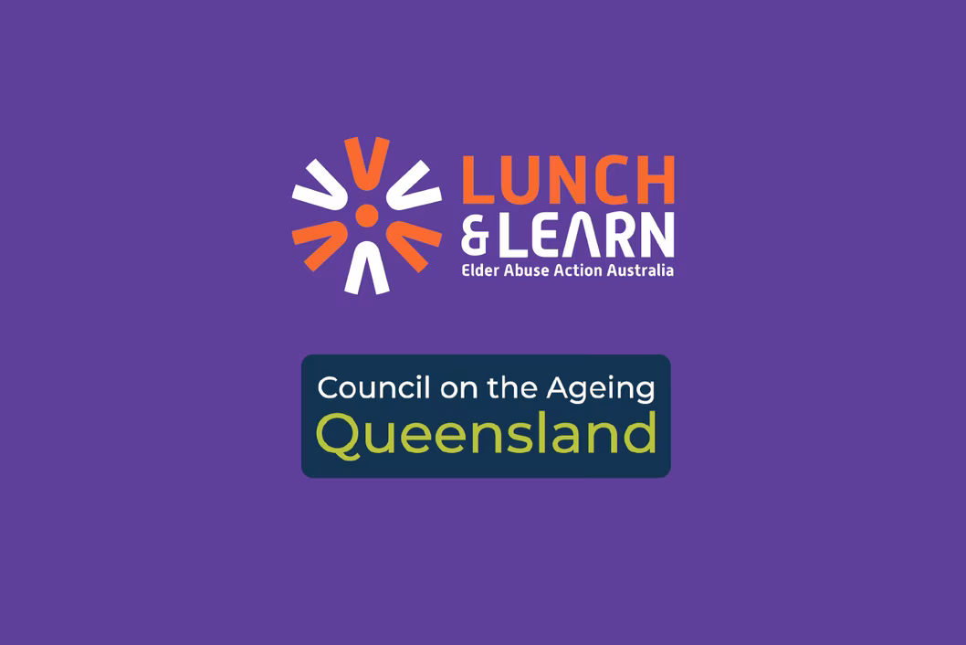 Logo with "Lunch & Learn" and "Council on the Ageing Queensland" on a purple background.