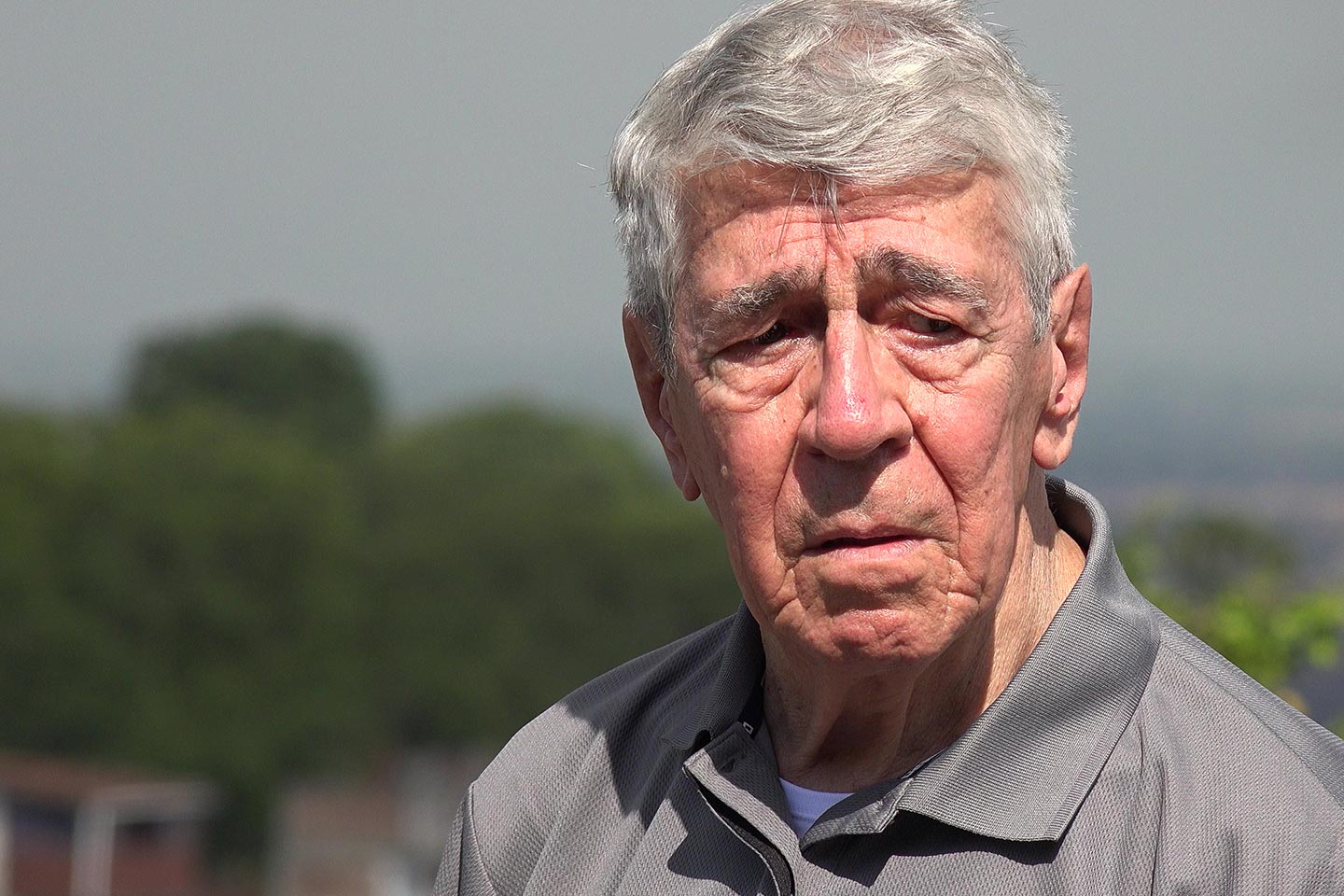 Photo of man wearing a grey polo shirt with trees in the background