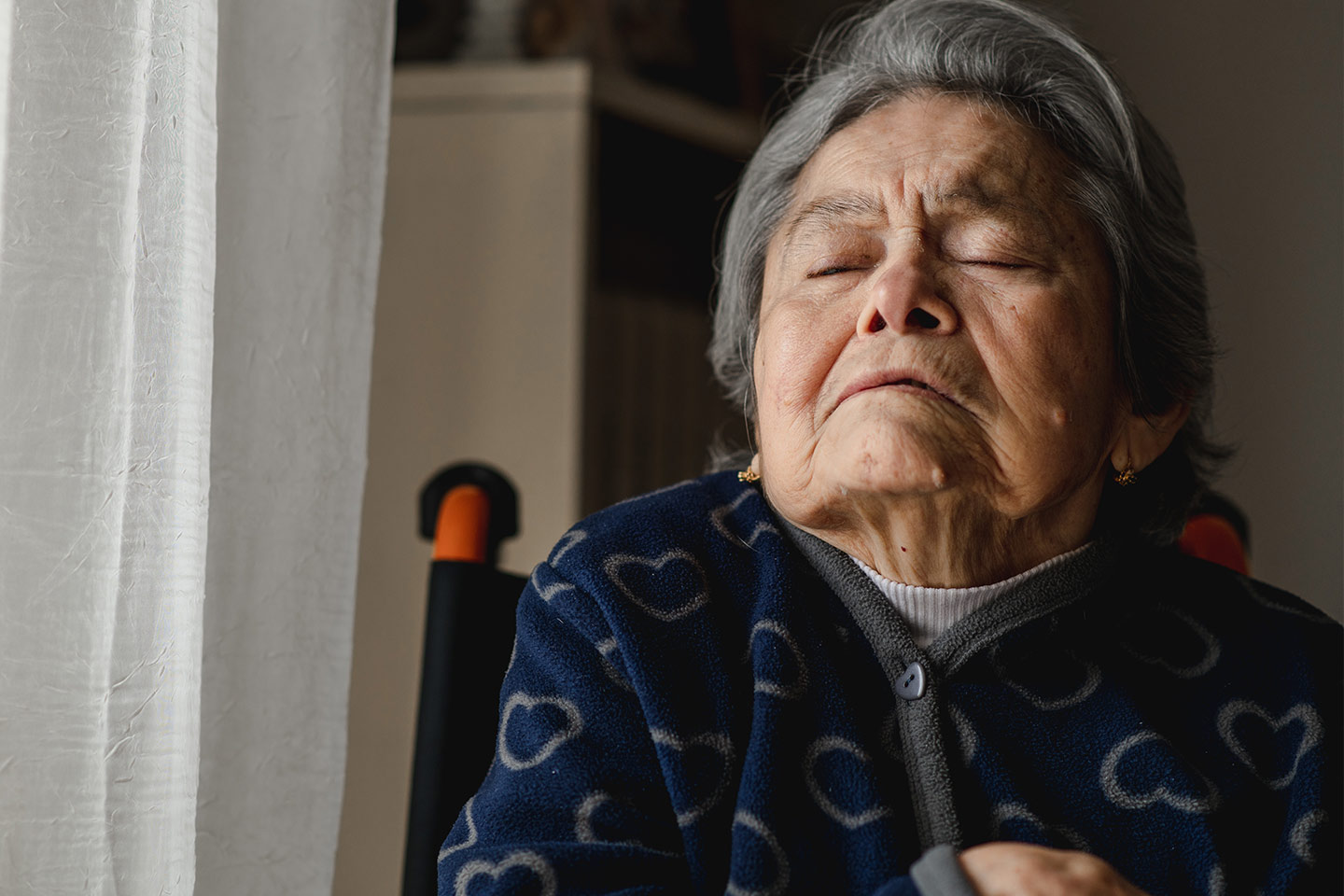 Photo of an elderly woman asleep in her wheelcahiar