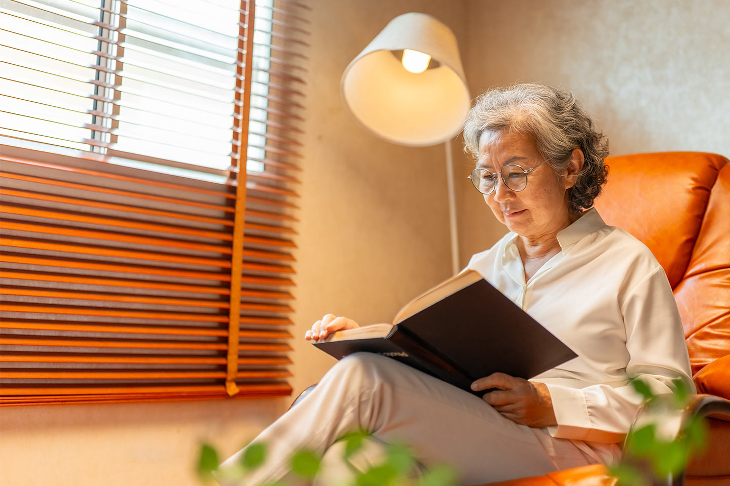 Photo of a woman in a comfortable chair reading a book