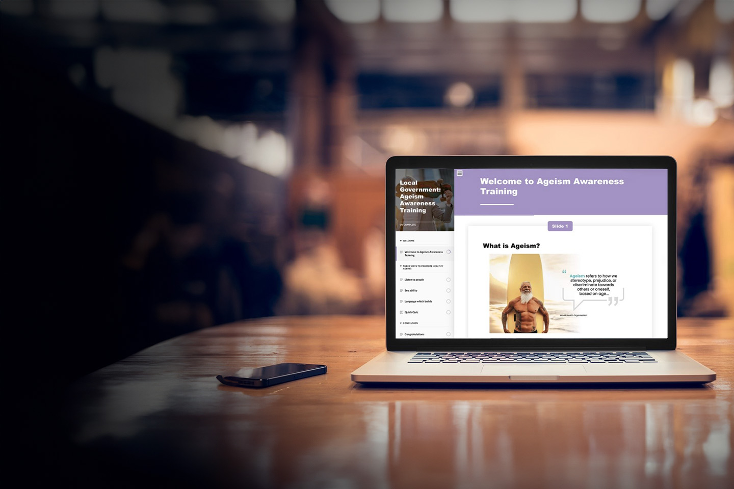 Photo of ageism awareness training module on laptop