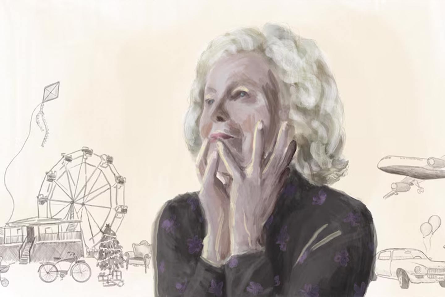 Drawing of woman with fun activities shown in background