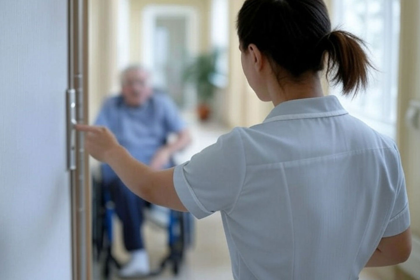 Photo of a nurse looking through a door at a patient