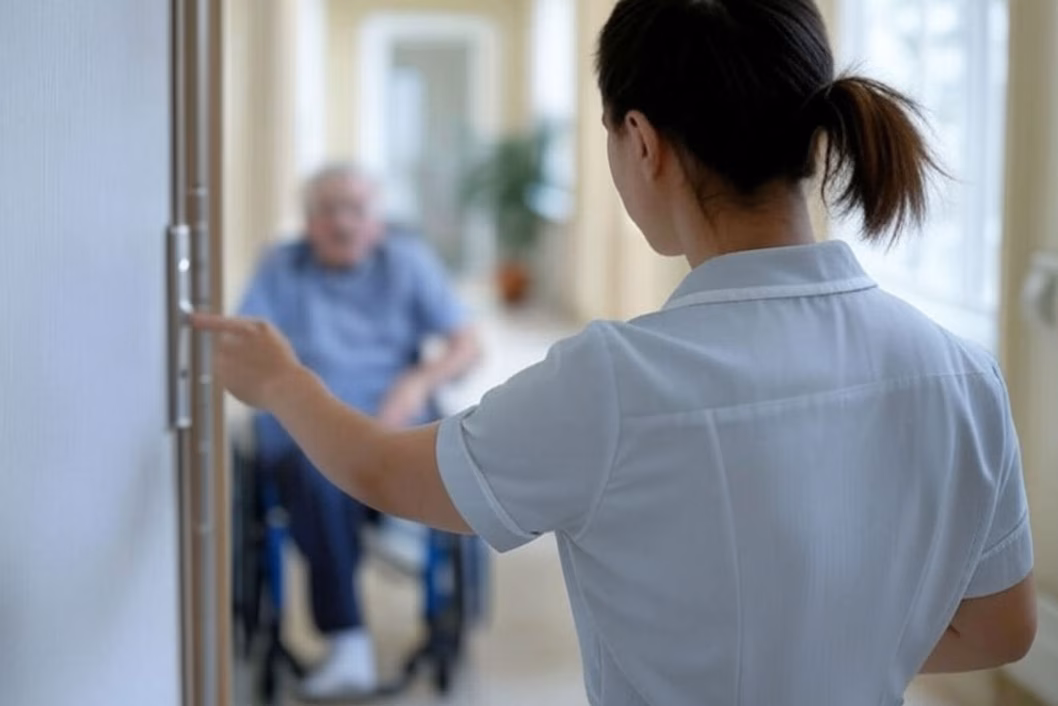 Photo of a nurse looking through a door at a patient