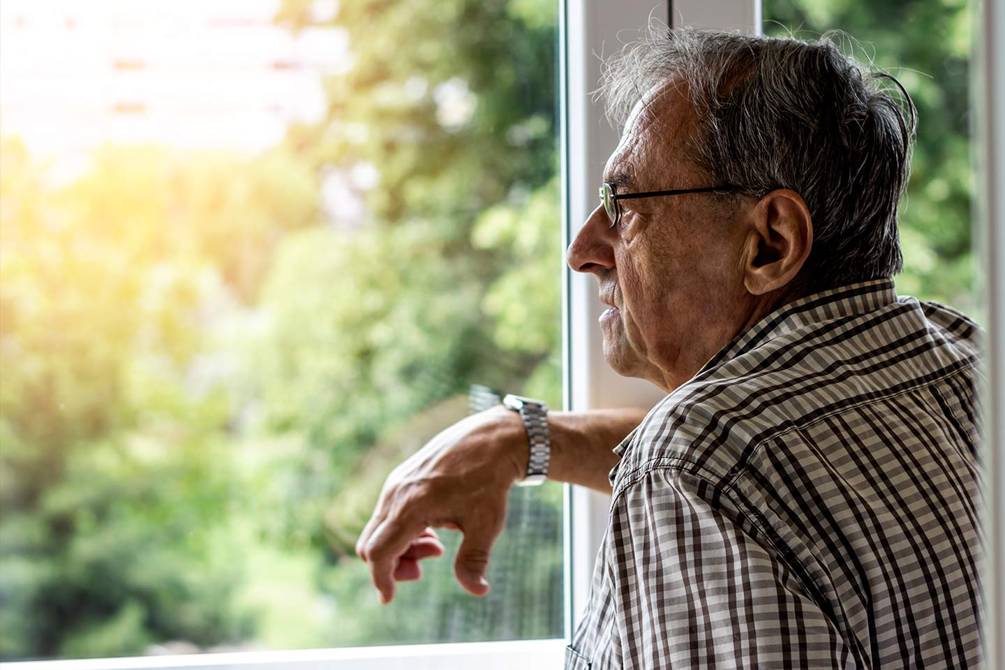 Photo of a man looking out a window into a garden