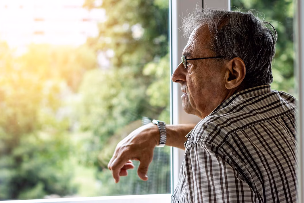 Photo of a man looking out a window into a garden