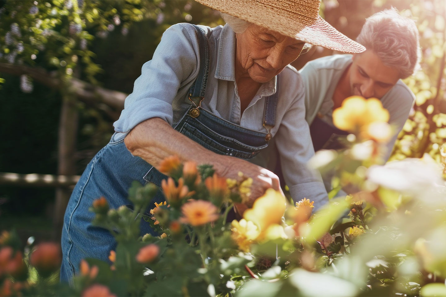 Photo of woman in a straw hat planting flowers in a garden