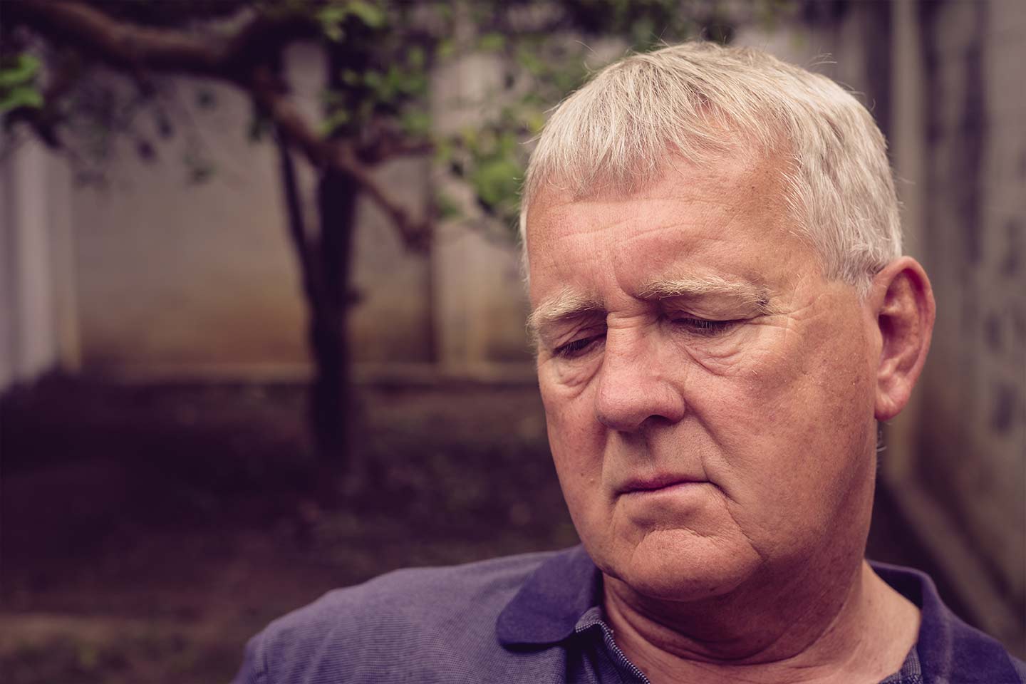 Photo of man in a courtyard wearing a purple polo shirt