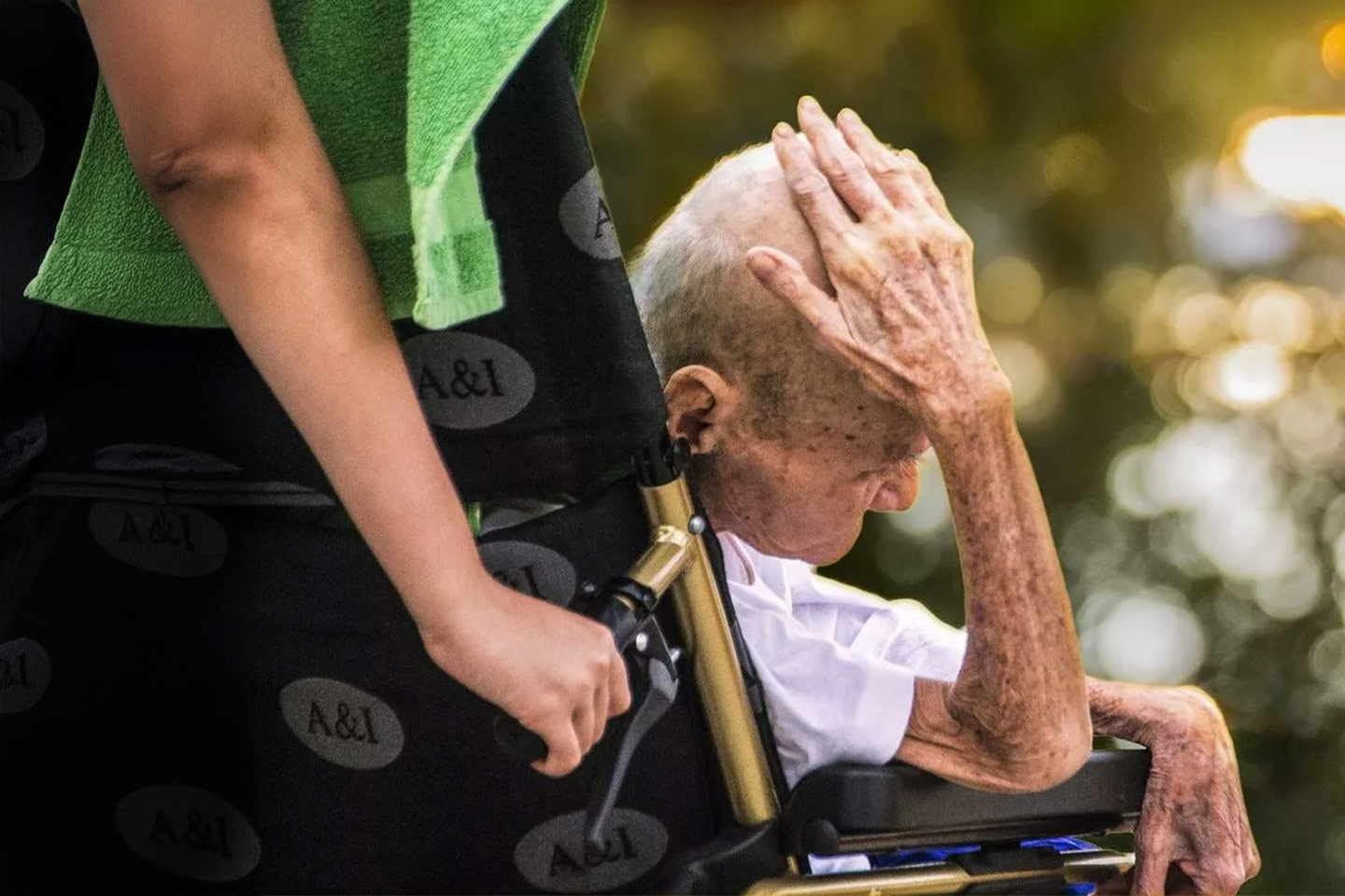 Photo of a very senior person being wheeled in a wheelchair