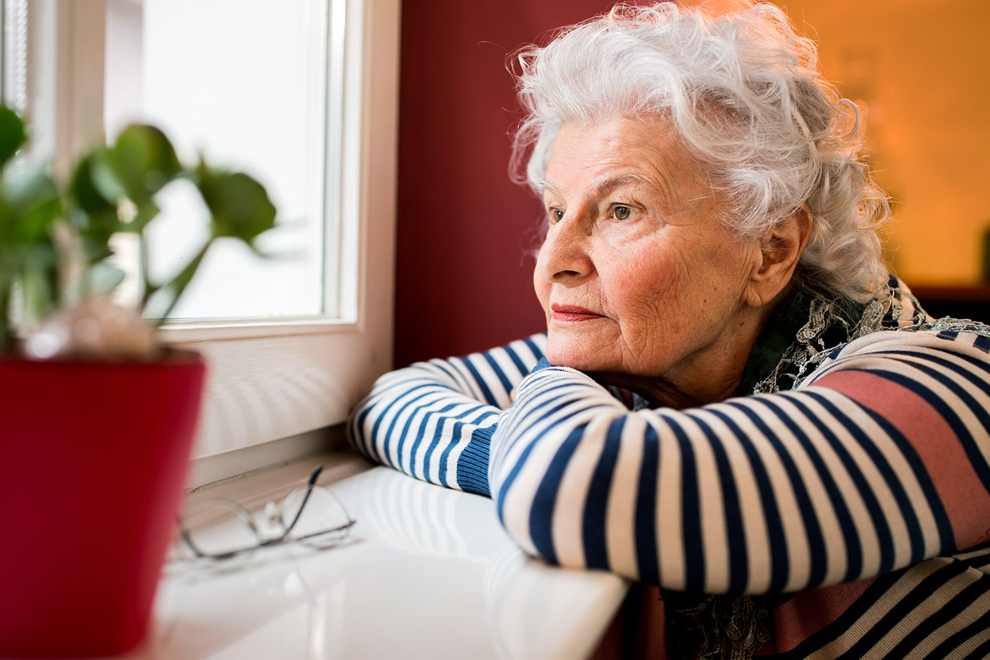 Photo of woman in a striped jumper with a houseplant