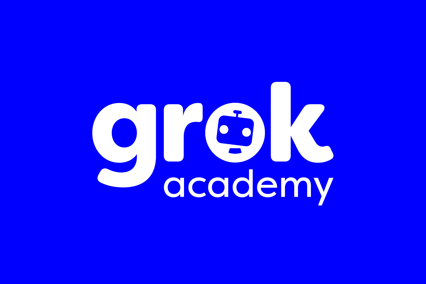 The image features the "Grok Academy" logo in white text with a robot face inside the letter 'o', set against a bright blue background.