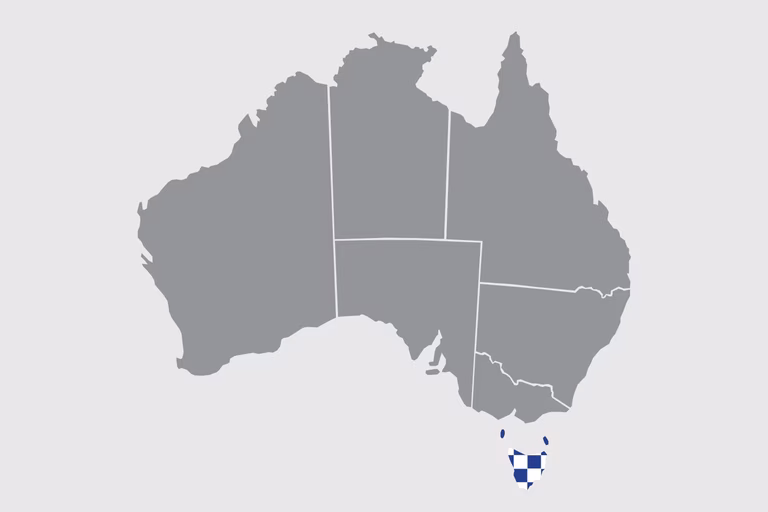 Bản đồ Úc với khu vực Tasmania được đánh dấu theo kiểu bản đồ cảnh sát