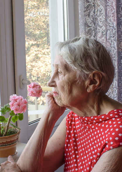 Elderly woman looking out of window