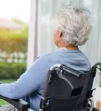 Photo of a woman in a wheelchair looking out of a window