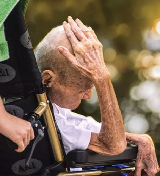 Photo of a very senior person being wheeled in a wheelchair