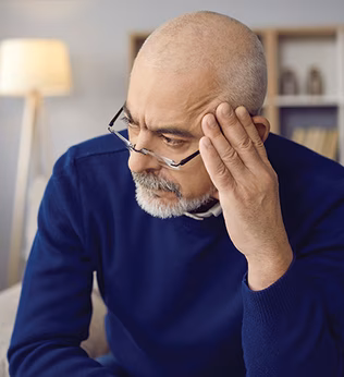 Photo of a man in a grey room resting his head on his fingertips