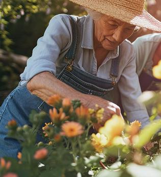Photo of woman in a straw hat planting flowers in a garden