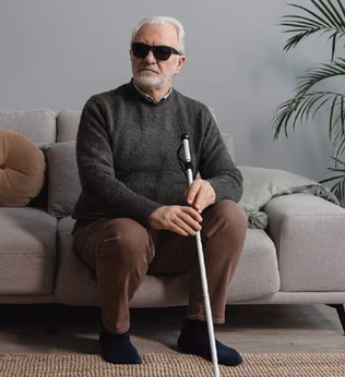 Photo of a man wearing black glasses and holding a white cane