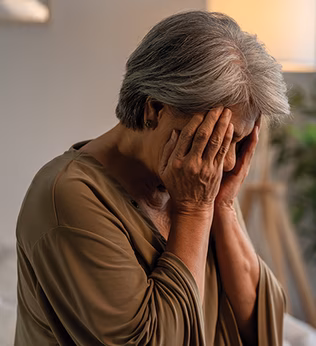 Image of an older woman who is distressed, resting her head in both hands