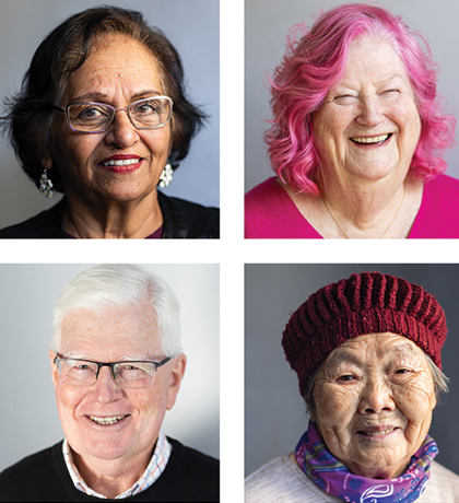 Four photo portraits of a diverse range of smiling people