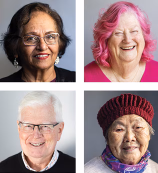 Four photo portraits of a diverse range of smiling people