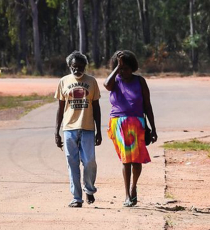 Photo of two people walking along a rural road