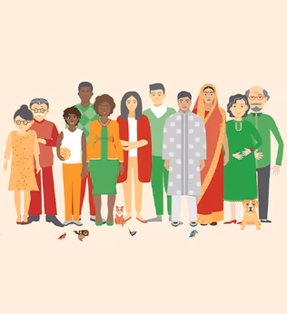 Illustration or a group of diverse people wearing traditional and conventional clothes