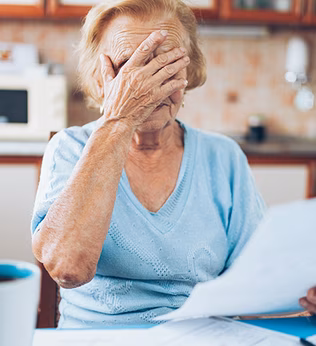Photo of woman with hands over her eyes and paperwork in hand
