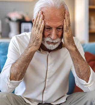 Photo of man on a blue couch with his head in his hands