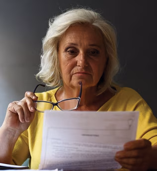 Photo of a woman in a yellow top reading a document